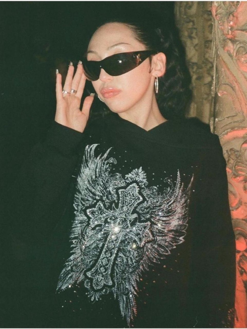 I.AM.GIA Black Crystal Cross & Wing Crewneck Sweater
